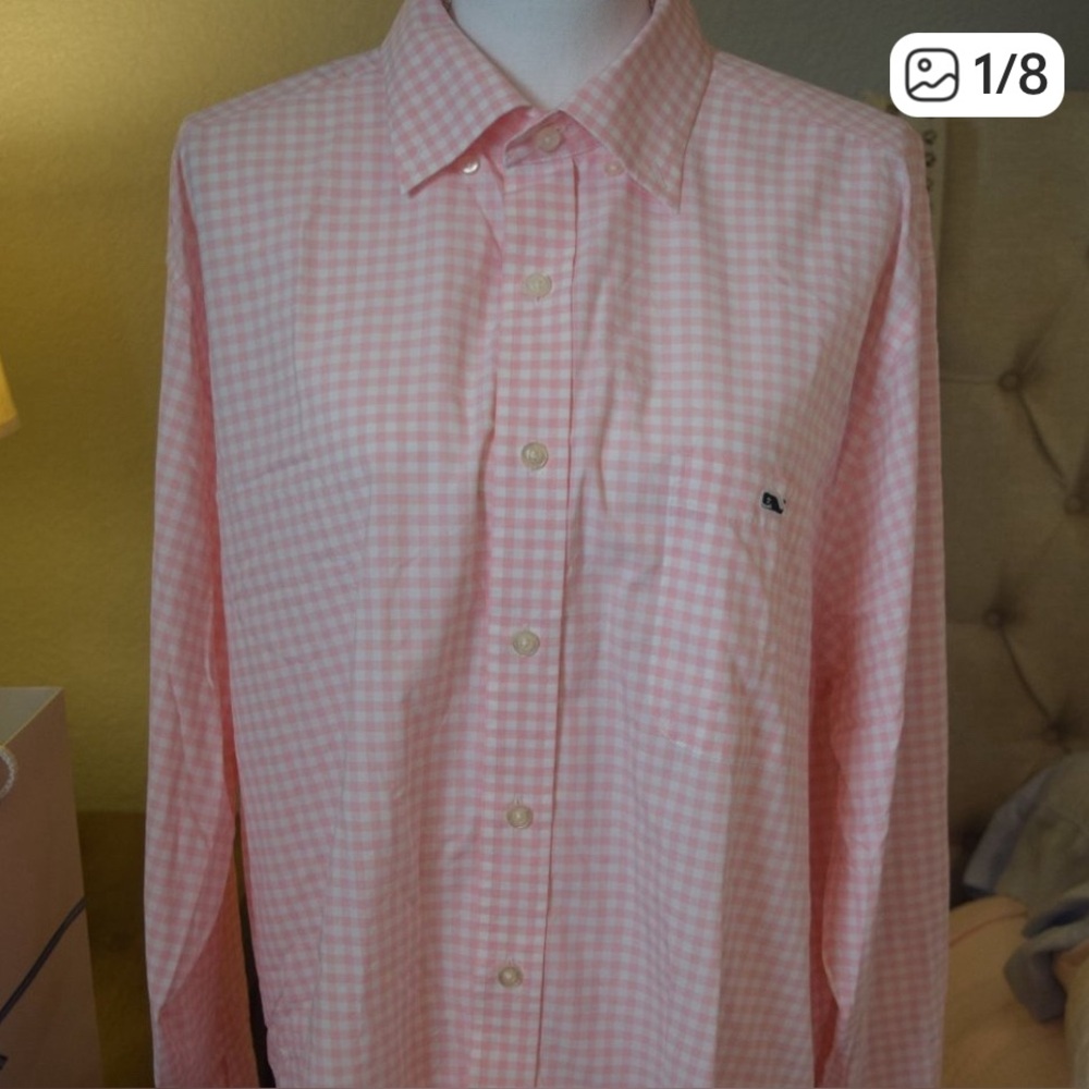 Vineyard Vines Men’s Pink and white gingham dress shirt Large